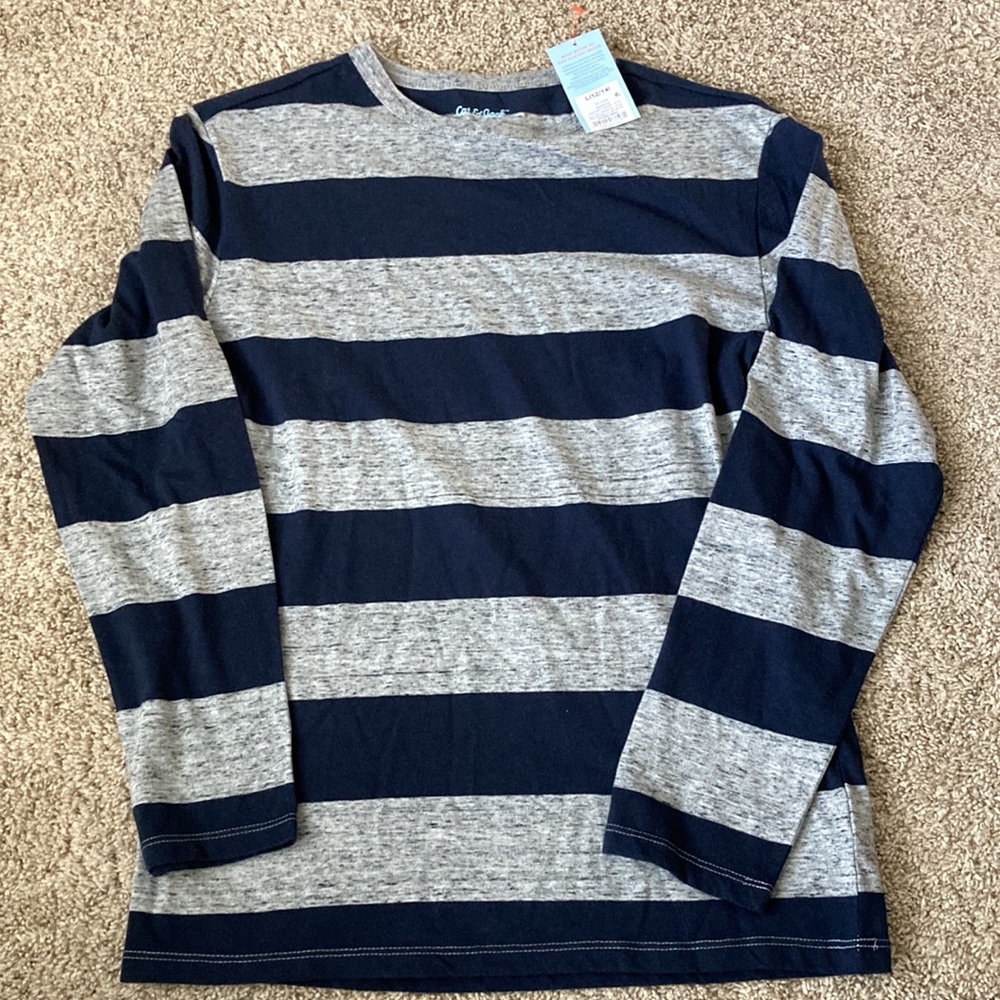 Boys Cat and Jack Long Sleeve Shirt Size Large 12/14 Gray and Navy Stripe